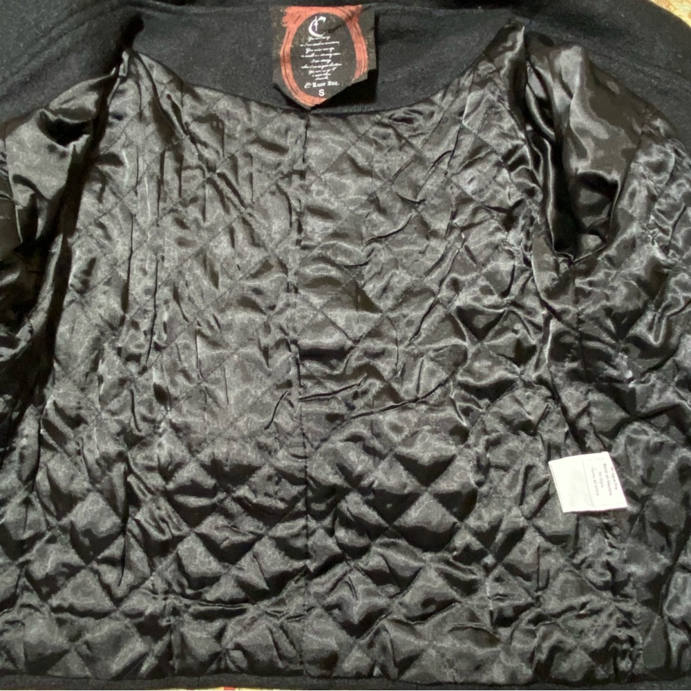 C. LUCE VINTAGE LONG SLEEVE SHORT BLACK COAT JACKET WITH RIBBON TIES - Picture 8 of 10